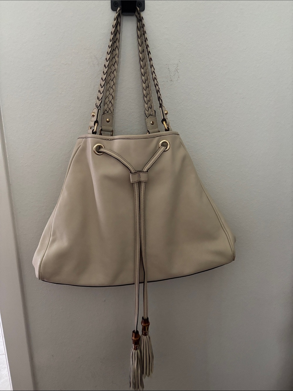 Gucci Peggy Cream Drawstring Shoulder Bag with Braided Straps